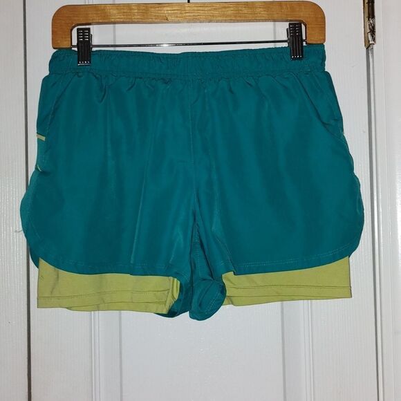 Sports Essentials teal and lime green layered short running shorts  Sz M - Picture 1 of 3